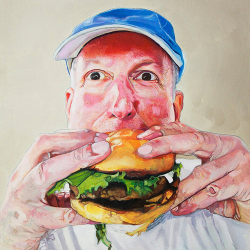 Original Oil Painting, Becker the Butler, Food, Dining, Hamburger, by Heather La Force